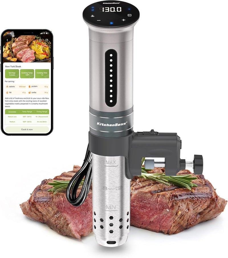 KitchenBoss طباخ سوس فيد واي فاي: آلة سوس فيد هادئة للغاية مع جهاز تحكم عبر التطبيق 1100 واط، طباخ دقيق مقاوم للماء IPX7 مع عرض رقمي دقيق لدرجة الحرارة، فضي - Image 1